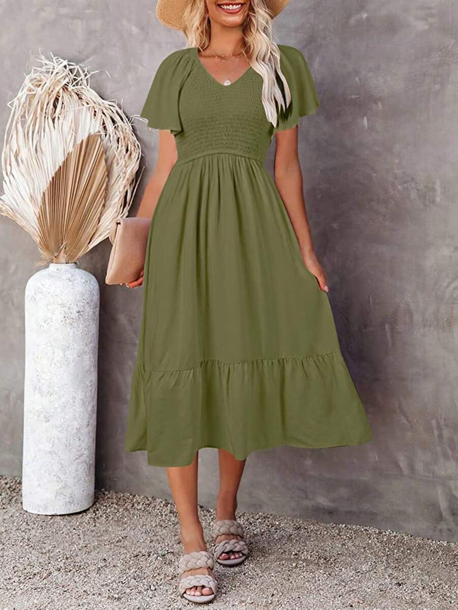 Solid Ruffle Hem Dress - Army Green - View 1
