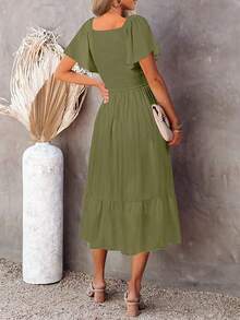 Solid Ruffle Hem Dress - Army Green - View 2