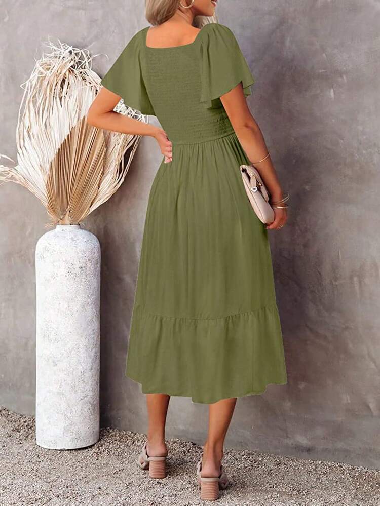 Vestido unicolor bajo con fruncido - Verde militar - Añade 2