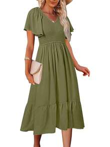 Solid Ruffle Hem Dress - Army Green - View 4