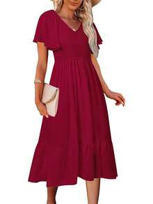 素色蝴蝶袖荷葉邊洋裝 - 紅色 - 查看 4