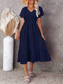 Solid Butterfly Sleeve Ruffle Hem Dress