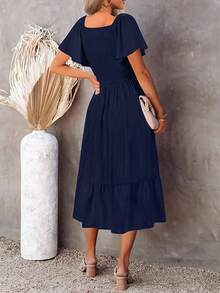 Solid Butterfly Sleeve Ruffle Hem Dress
