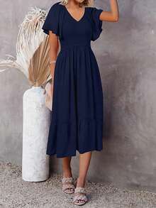 Solid Butterfly Sleeve Ruffle Hem Dress