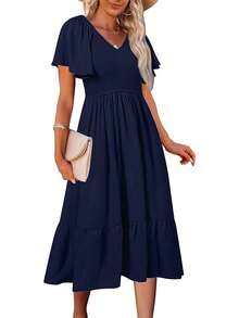 Solid Butterfly Sleeve Ruffle Hem Dress