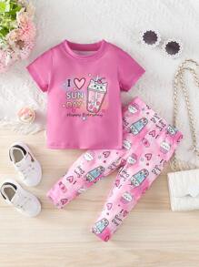 Conjunto De Camiseta Y Pantalón Gráfico De Corazón Y Eslogan Para Bebé Niña - Rosa Fucsia - Ver 1
