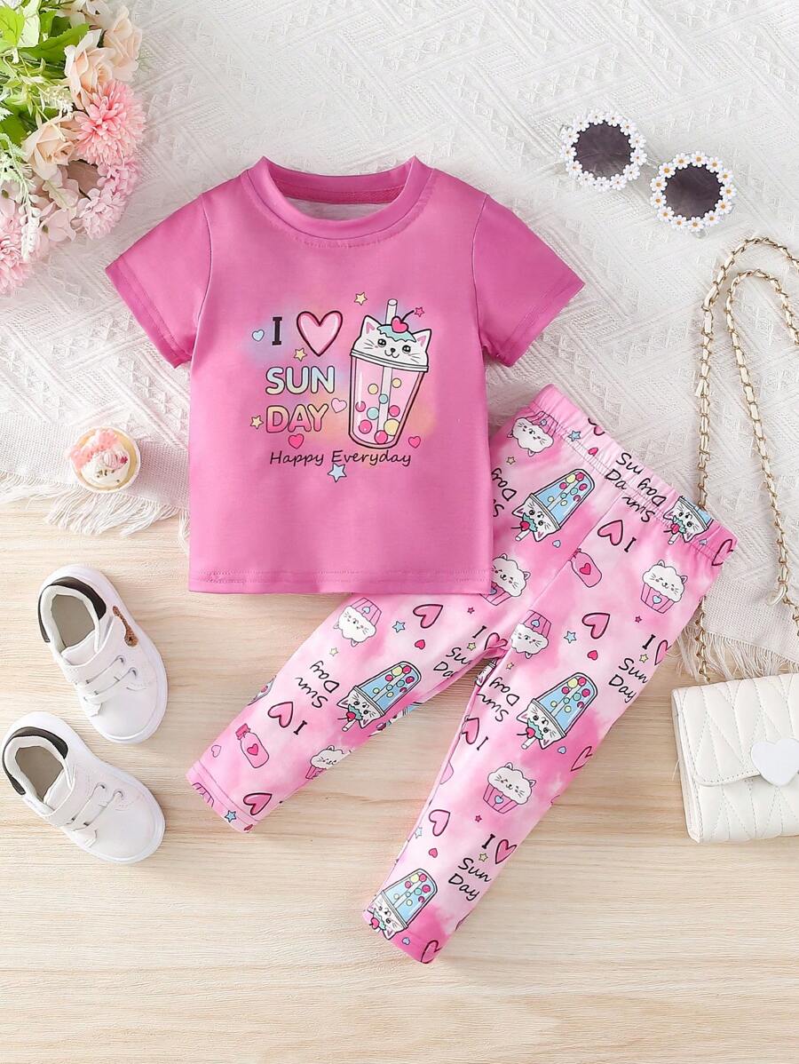 Conjunto De Camiseta Y Pantalón Gráfico De Corazón Y Eslogan Para Bebé Niña - Rosa Fucsia - Ver 1