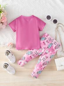 Conjunto De Camiseta Y Pantalón Gráfico De Corazón Y Eslogan Para Bebé Niña - Rosa Fucsia - Ver 2