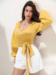 SHEIN Frenchy 素色前繫帶圍裹細節燈籠袖短款襯衫 - 黃色 - 查看 4