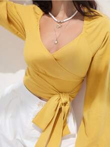 SHEIN Frenchy 素色前繫帶圍裹細節燈籠袖短款襯衫 - 黃色 - 查看 5
