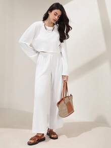 SHEIN Frenchy 落肩T恤和闊腿褲 - 白色 - 查看 2