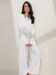 SHEIN Frenchy 落肩T恤和闊腿褲 - 白色 - 查看 1