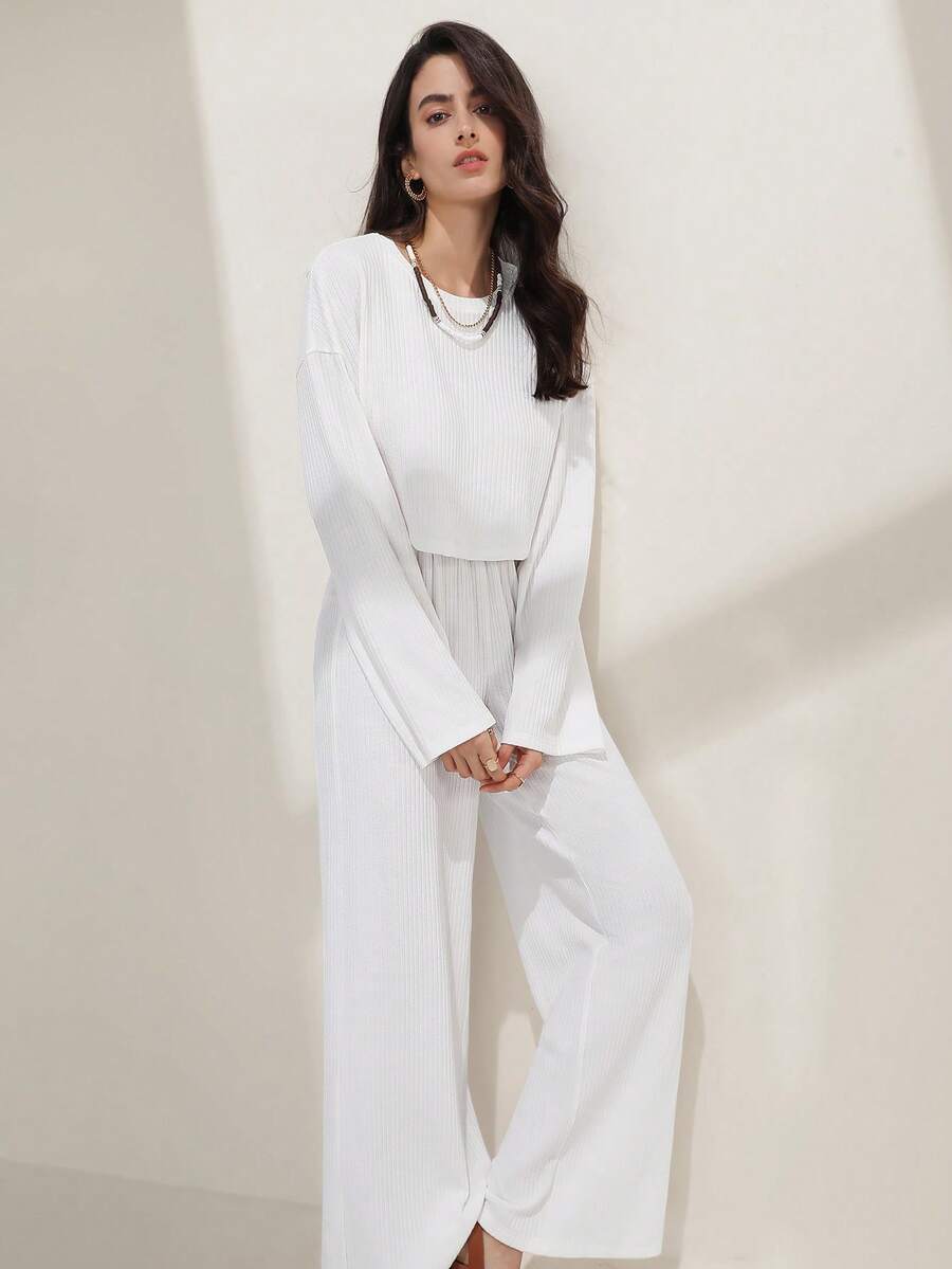 SHEIN Frenchy 落肩T恤和闊腿褲 - 白色 - 查看 1