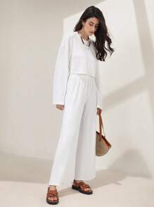 SHEIN Frenchy 落肩T恤和闊腿褲 - 白色 - 查看 4