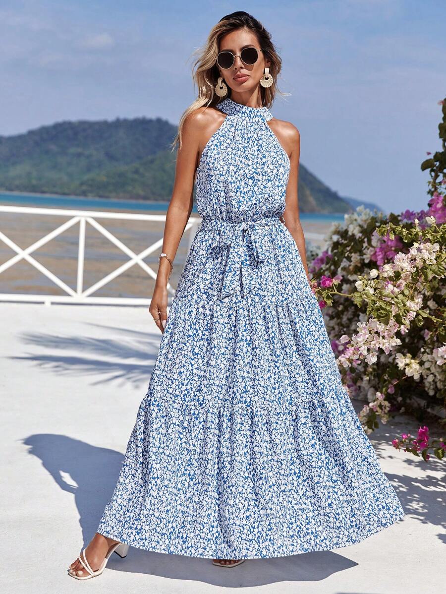RueChic Robe ras-du-cou à imprimé floral à volants ceinturé - Bleu azur - Voir 1