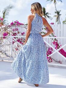 RueChic Robe ras-du-cou à imprimé floral à volants ceinturé - Bleu azur - Voir 2