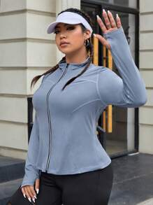 SHEIN Daily&Casual Plus Zip Up Thumbholes Top-stitching Sports Jacket - Dusty Blue - View 5