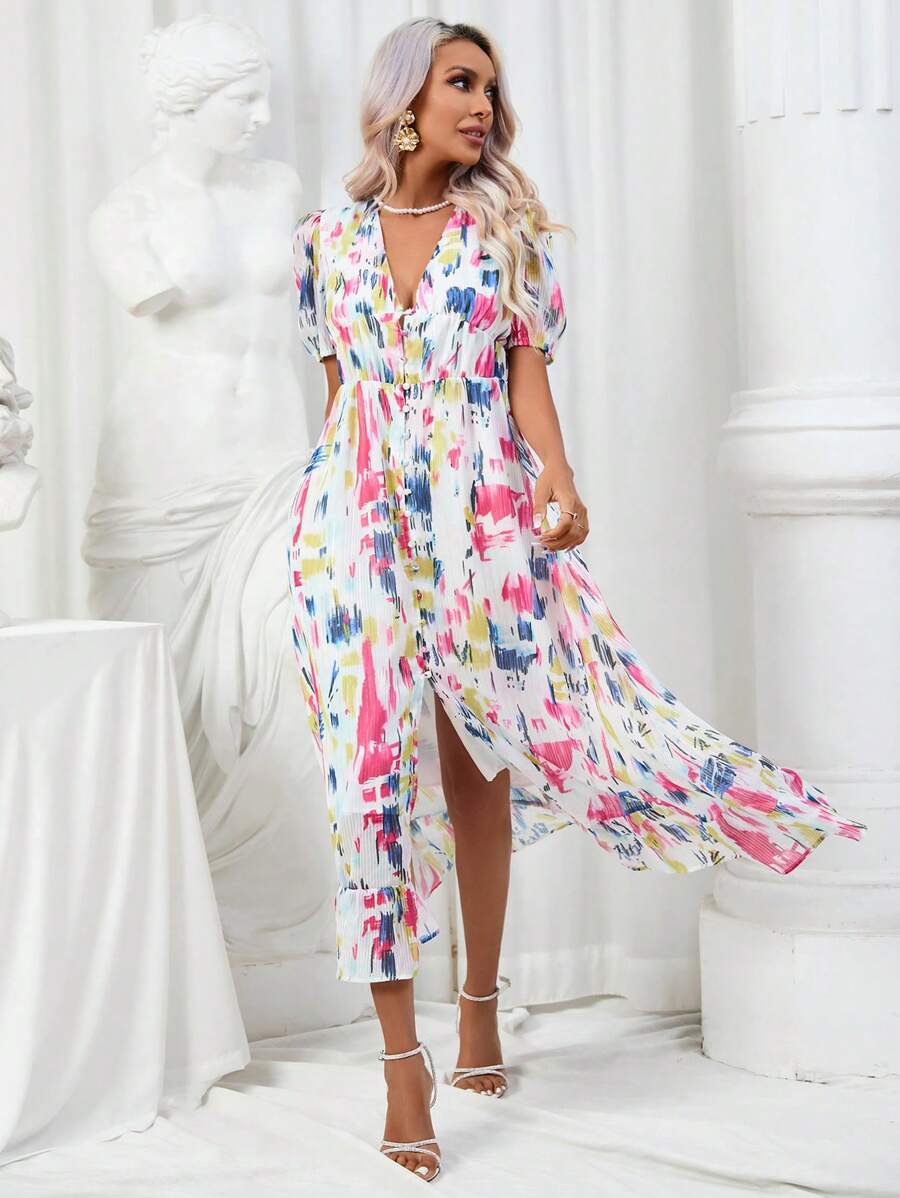 GENKIRA 滿版印花泡泡袖前紐扣連衣裙 - 彩色 - 查看 1