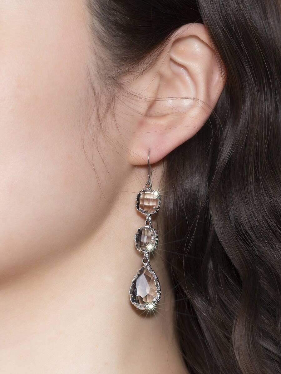 1 对时尚高端优雅金属边水晶玻璃耳环，金色、银色、粉色、黑色、彩色，闪亮奢华耳钩，适合日常佩戴、派对、礼物 - 銀色 - 查看 1