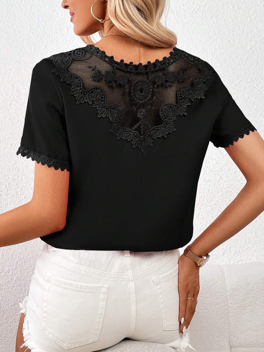 SHEIN Privé Guipure Lace Insert Blouse - Black - View 1