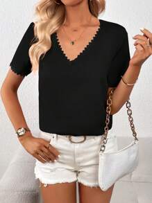SHEIN Privé Guipure Lace Insert Blouse - Black - View 4