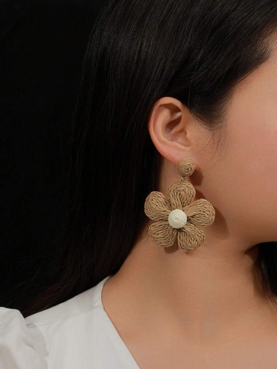 1雙波西m亞草編花朵設計編織耳墜適合女士適用於日常 - 咖啡棕 - 查看 1