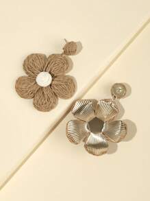 1雙波西m亞草編花朵設計編織耳墜適合女士適用於日常 - 咖啡棕 - 查看 2