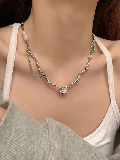 1入組時尚方晶鋯石裝飾鏈條樣式項鍊適合女士日常裝飾