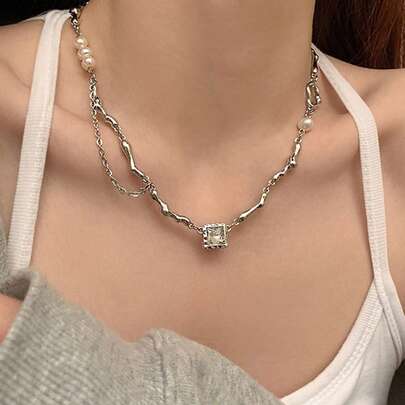 1入組時尚方晶鋯石裝飾鏈條樣式項鍊適合女士日常裝飾