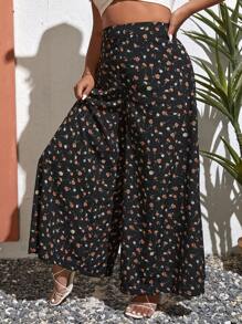 SHEIN VCAY Plus Ditsy Floral Print Wide Leg Trousers - Black - View 1
