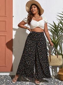 SHEIN VCAY Plus Ditsy Floral Print Wide Leg Trousers - Black - View 3