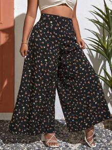 SHEIN VCAY Plus Ditsy Floral Print Wide Leg Trousers - Black - View 4