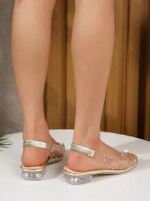 Women Rhinestone Decor Clear Strap Slingback Sandals, Fashion Summer Flat Sandals - Gold - View 2