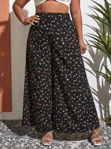 SHEIN VCAY Plus Ditsy Floral Print Wide Leg Trousers - Black - View 5