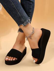 Dép đế xuồng hở mũi lưới rỗng thời trang dành cho nữ, dép đi ngoài trời thoải mái, chống trượt, đế dày - màu đen - Xem 5