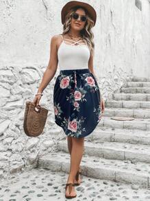 SHEIN LUNE Váy Plus Size Thắt nút Hoa Tất cả trên in Boho - Màu xanh hải quân - Xem 3