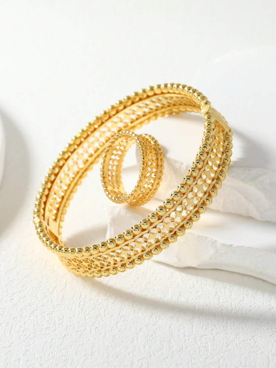 2入組/套時尚鏤空和球裝飾首飾套裝適合女士日常裝飾 - 金黃色 - 查看 1