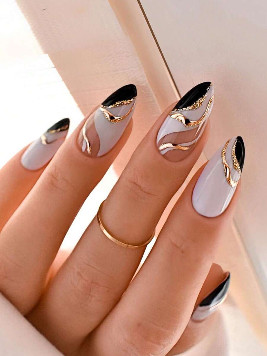 24入組長形杏仁色色塊線條閃粉款假指甲，附1pc指甲文件和1張膠帶壓貼指甲，美甲必備 - 彩色 - 查看 1