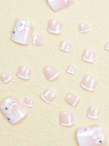 24pcs Short 3D French White Gradient With Small Floral Print Rhinestone Toenail Set, With 1 Nail File And 1 Sheet Of Jelly Gel, Suitable For Women Daily And Party Wear Press On Nails Nail Supplies - Multicolor - View 3