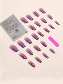 24 szt. Długie trumny 3D Rhinestone Decor Fałszywe paznokcie i 1 arkusz taśmy i 1 szt. Pilnik do paznokci