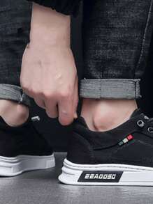 Frühling/sommer Herren Low-top Rutschfeste Atmungsaktive Flache Schuhe, Schnürung Einfarbige Stoff Skateschuhe, Verschleißfeste, Student Fashion Sneakers - Schwarz - Übersicht 3