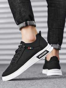 Frühling/sommer Herren Low-top Rutschfeste Atmungsaktive Flache Schuhe, Schnürung Einfarbige Stoff Skateschuhe, Verschleißfeste, Student Fashion Sneakers - Schwarz - Übersicht 1