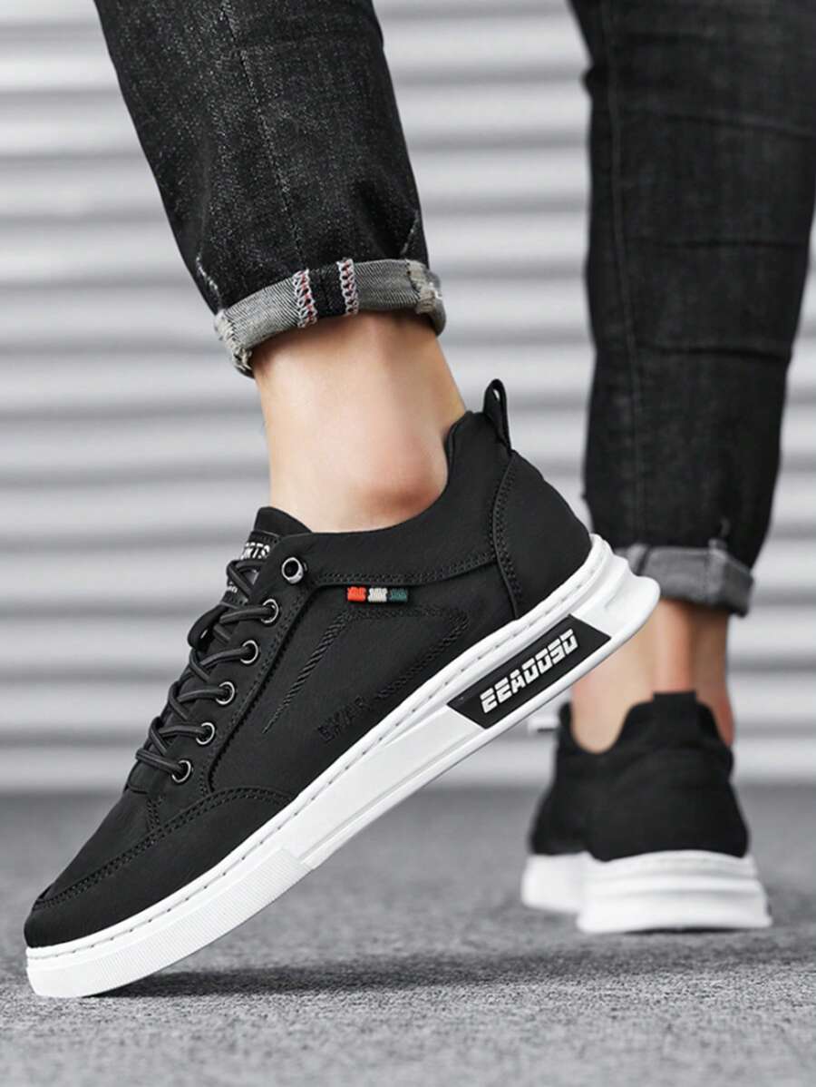 Frühling/sommer Herren Low-top Rutschfeste Atmungsaktive Flache Schuhe, Schnürung Einfarbige Stoff Skateschuhe, Verschleißfeste, Student Fashion Sneakers - Schwarz - Übersicht 1