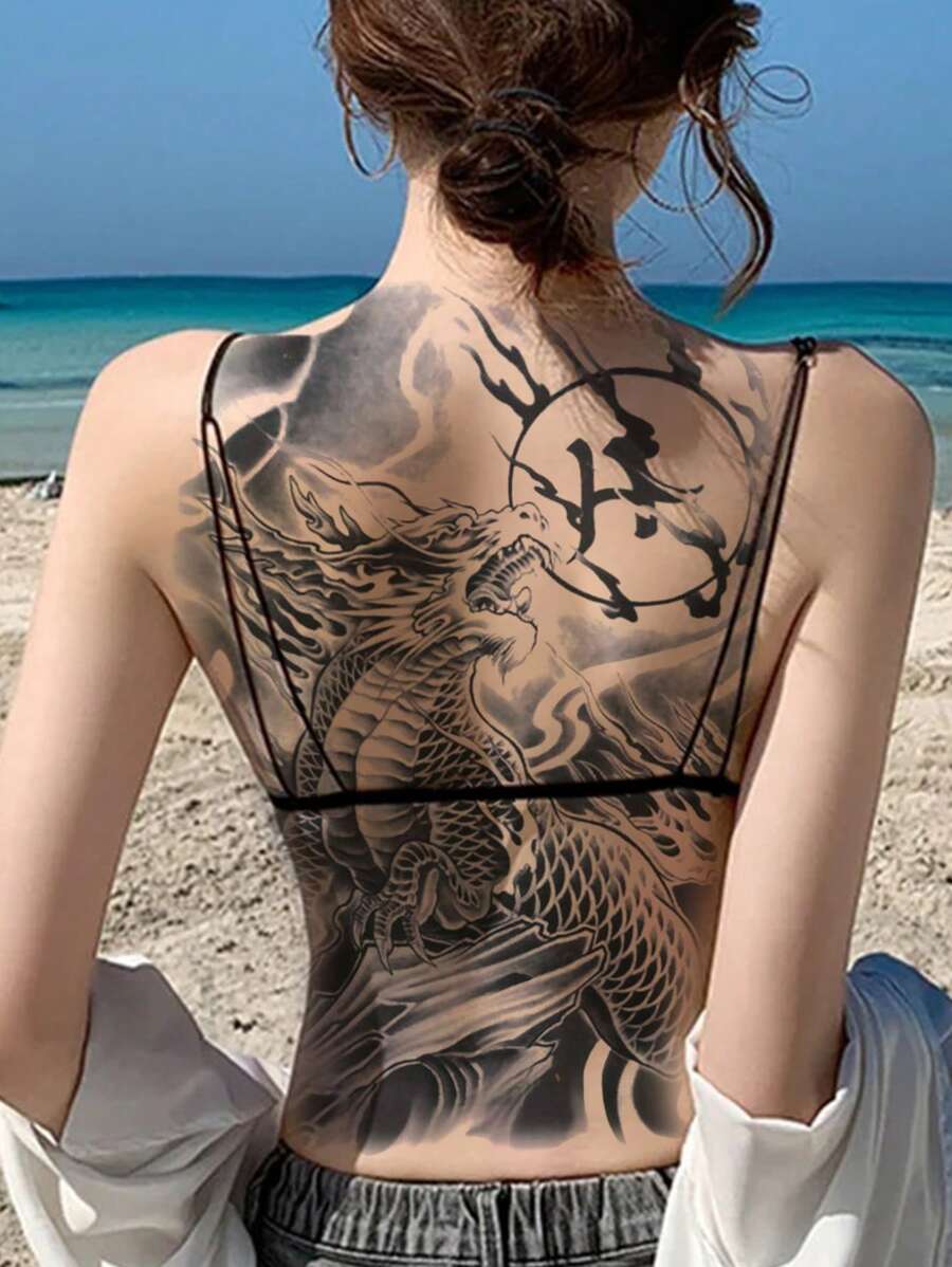 1 hoja Pegatina tatuaje dragón chino & con patrón de fuego - Negro - Ver 1