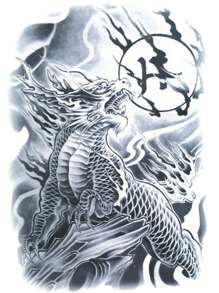1 hoja Pegatina tatuaje dragón chino & con patrón de fuego - Negro - Ver 2
