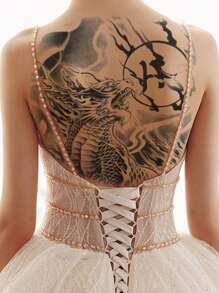 1 hoja Pegatina tatuaje dragón chino & con patrón de fuego - Negro - Ver 3