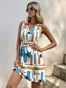 SHEIN LUNE Đầm Thắt lưng Hình học Giải trí - Nhiều màu - Xem 4