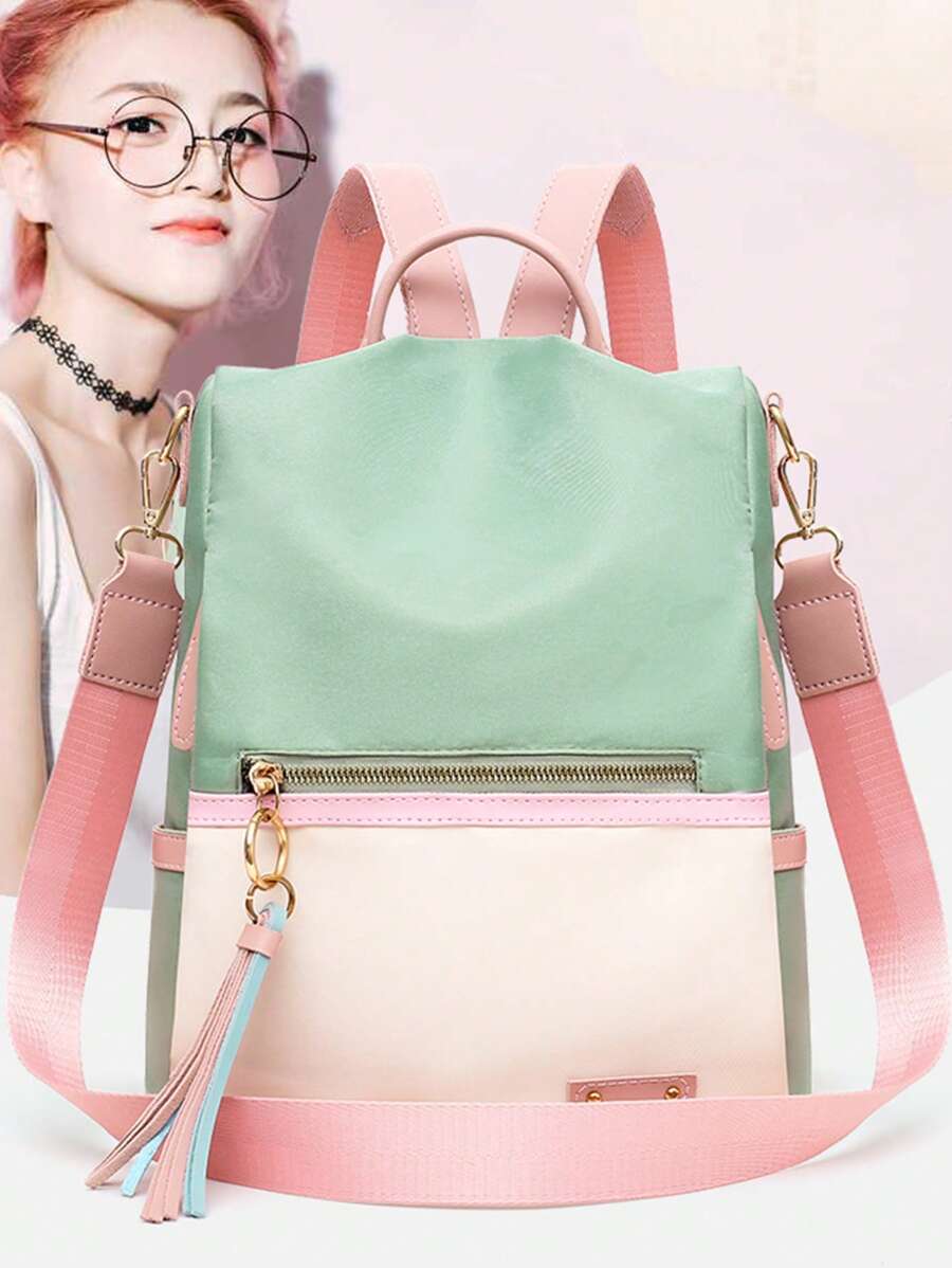 Ba lô cổ điển Color Block Tua trang trí phía trước Zip - Nhiều màu - Xem 1