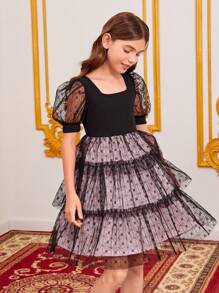 SHEIN Girls Dobby Mesh Overlay Puff Sleeve Ruffle Hem Dress - Multicolor - View 3
