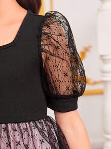 SHEIN Girls Dobby Mesh Overlay Puff Sleeve Ruffle Hem Dress - Multicolor - View 4